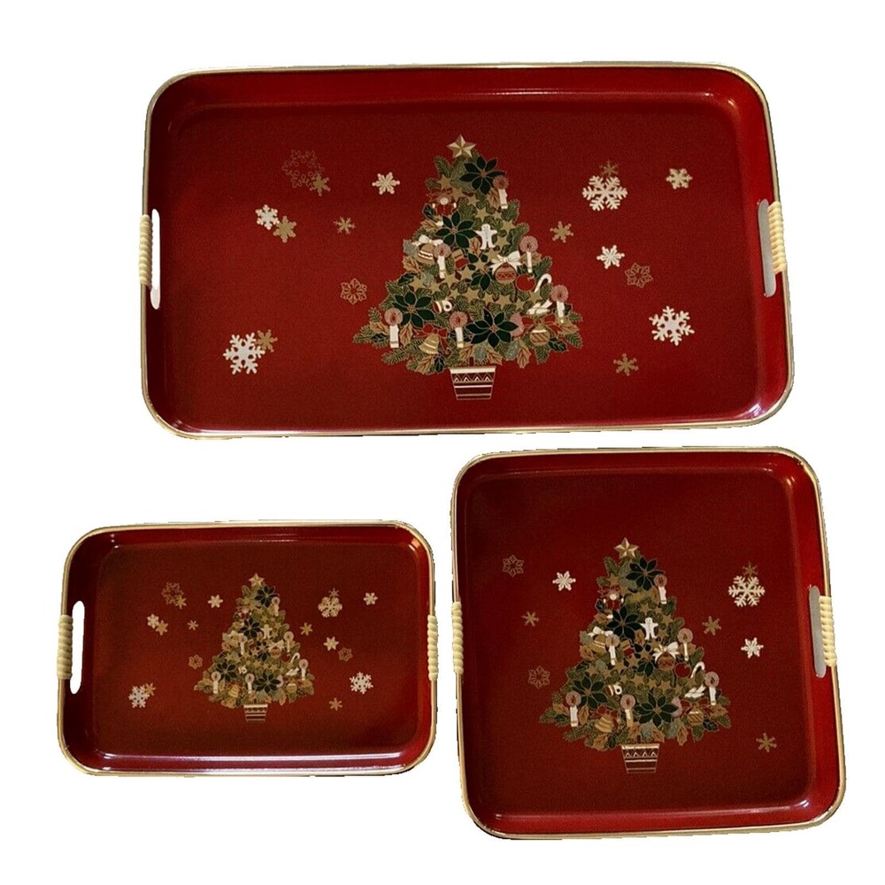 Vintage Red Lacquerware Nesting 3 Piece Holiday Christmas Tree Tray Set Japan